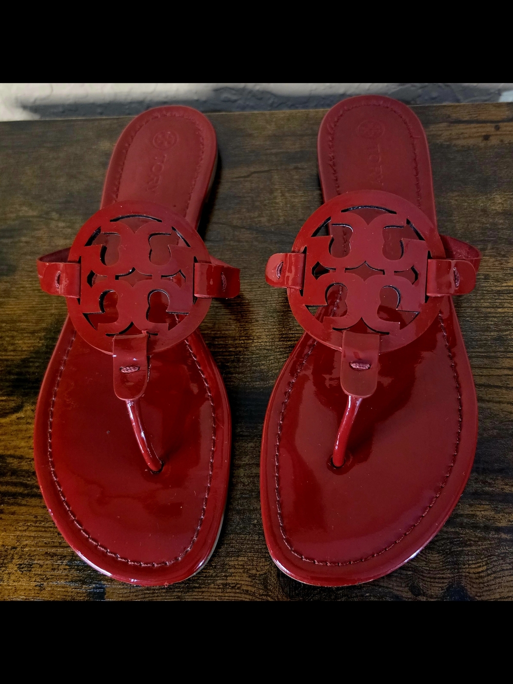 Tory Burch Miller Patent Leather Red (Berry) Patent Logo Thong Sandals